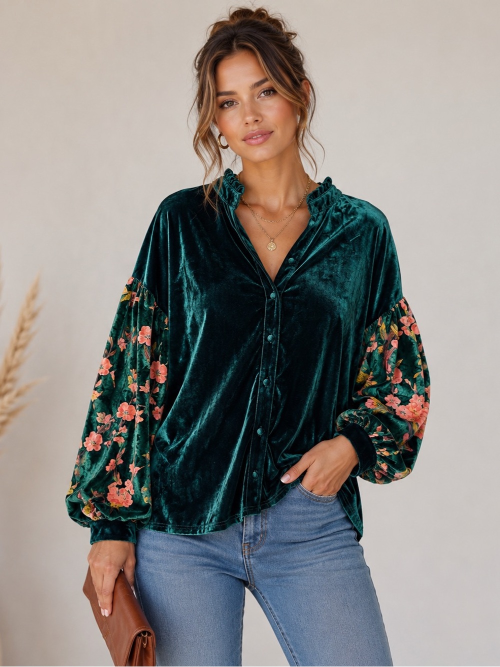 Umgee Deep Green Velvet Button-Down Top with Floral Sleeves